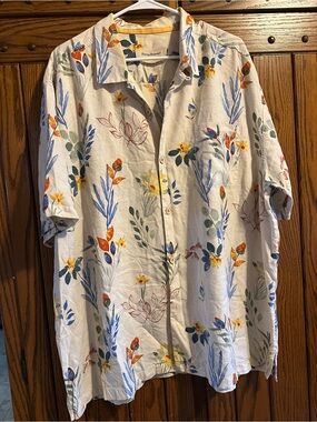 Tommy Bahama Cream Floral Short Sleeve Camp Shirt with Blue & Orange Accents